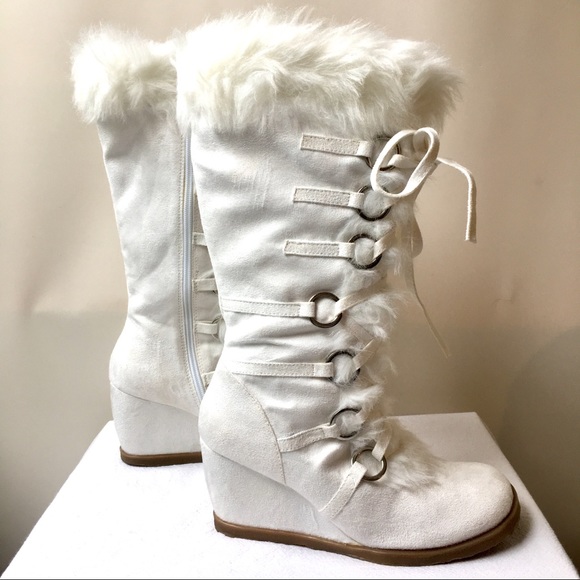 white fur wedge boots